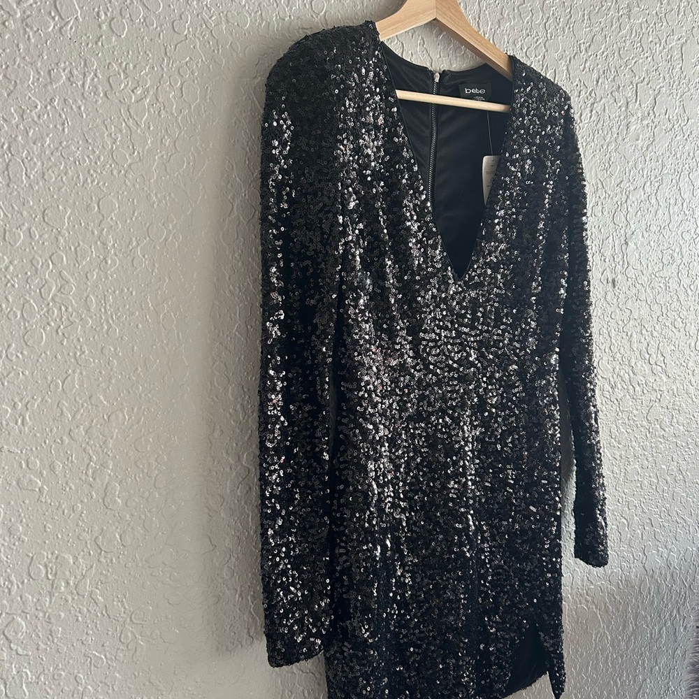 Black Sequined Party Dress Long Sleeve mini